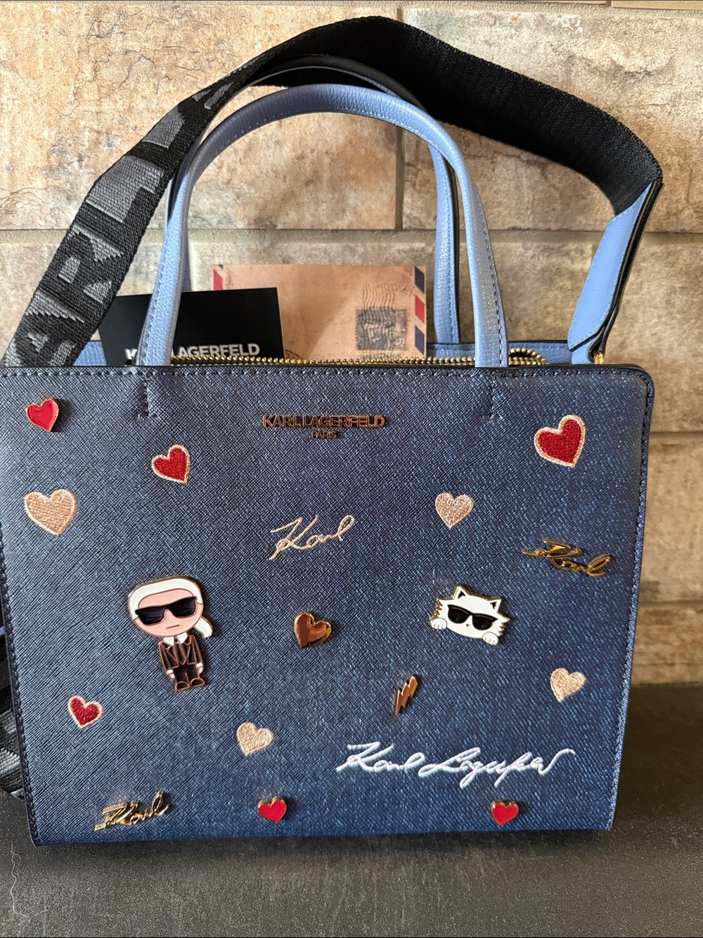 Karl Lagerfeld Denim Tote with Heart & Character Patches in Blue
